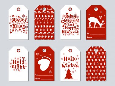 Noel ve yeni yıl hediye etiketleri. Xmas kümesi kartları. Elle çizilmiş öğeleri. Tatil kağıt etiket kırmızı ve beyaz koleksiyonu. Mevsimlik rozet Satılık tasarım. Doku. Yazdırın. Vektör çizim. Yazı.
