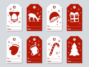 Noel ve yeni yıl hediye etiketleri. Xmas kümesi kartları. Elle çizilmiş öğeleri. Tatil kağıt etiket kırmızı ve beyaz koleksiyonu. Mevsimlik rozet Satılık tasarım. Doku. Yazdırın. Vektör çizim. Yazı.