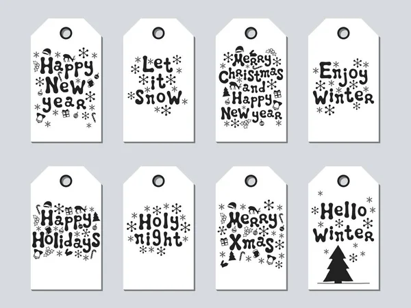 クリスマスと新年のギフト タグ。クリスマス セットをカードします。手描きの要素。白と黒のホリデイ ・紙ラベルのコレクション。季節限定バッジ販売デザイン。テクスチャです。印刷します。ベクトルの図。レタリング. — ストックベクタ