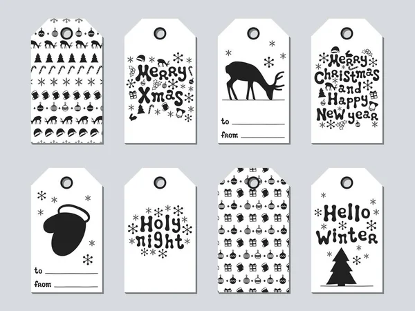 Christmas and New Year gift tags. Cards xmas set. Hand drawn elements. Collection of holiday paper label in black and white. Seasonal badge sale design. Texture. Print. Vector illustration. Lettering. — Stock Vector