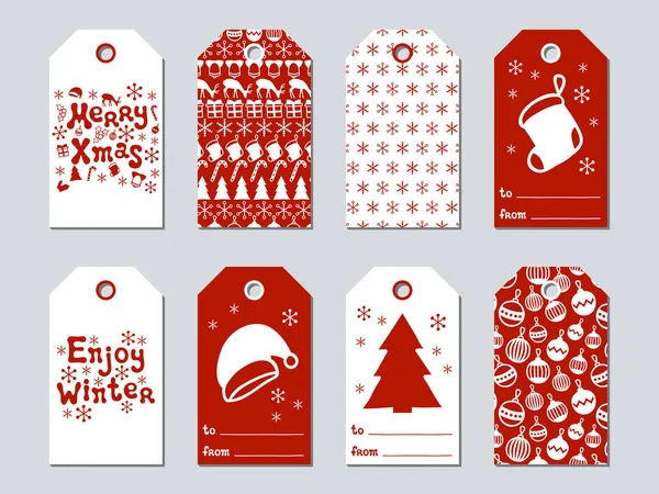 Noel ve yeni yıl hediye etiketleri. Xmas kümesi kartları. Elle çizilmiş öğeleri. Tatil kağıt etiket kırmızı ve beyaz koleksiyonu. Mevsimlik rozet Satılık tasarım. Doku. Yazdırın. Vektör çizim. Yazı.