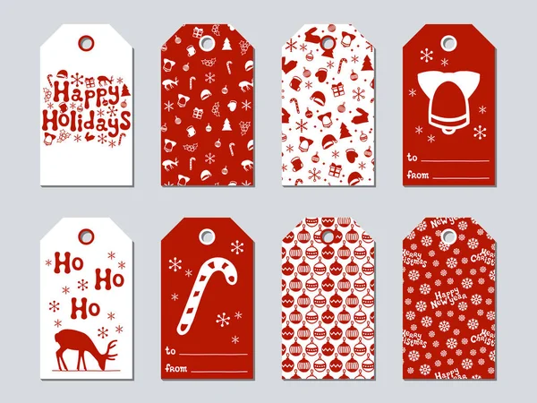 Noel ve yeni yıl hediye etiketleri. Xmas kümesi kartları. Elle çizilmiş öğeleri. Tatil kağıt etiket kırmızı ve beyaz koleksiyonu. Mevsimlik rozet Satılık tasarım. Doku. Yazdırın. Vektör çizim. Yazı.