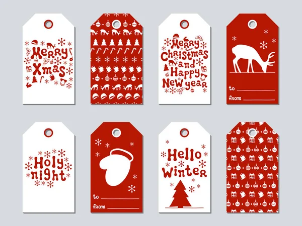 Noel ve yeni yıl hediye etiketleri. Xmas kümesi kartları. Elle çizilmiş öğeleri. Tatil kağıt etiket kırmızı ve beyaz koleksiyonu. Mevsimlik rozet Satılık tasarım. Doku. Yazdırın. Vektör çizim. Yazı.