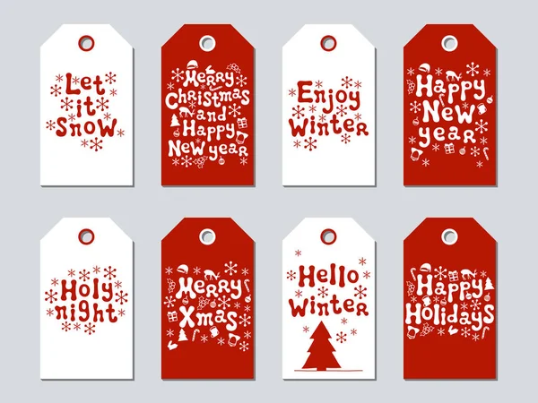 Noel ve yeni yıl hediye etiketleri. Xmas kümesi kartları. Elle çizilmiş öğeleri. Tatil kağıt etiket kırmızı ve beyaz koleksiyonu. Mevsimlik rozet Satılık tasarım. Doku. Yazdırın. Vektör çizim. Yazı.