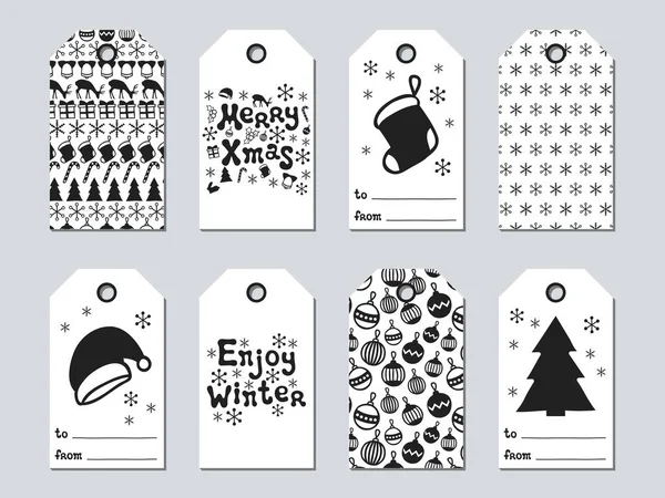 Noel ve yeni yıl hediye etiketleri. Xmas kümesi kartları. Elle çizilmiş öğeleri. Tatil kağıt etiket siyah beyaz koleksiyonu. Mevsimlik rozet Satılık tasarım. Doku. Yazdırın. Vektör çizim. Yazı. — Stok Vektör