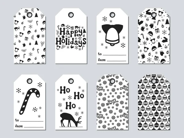 Weihnachten und Neujahr Geschenkanhänger. Karten Weihnachtsset. handgezeichnete Elemente. Sammlung von Urlaubspapieretiketten in schwarz-weiß. Saisonabzeichen-Verkauf Design. Textur. Druck. Vektorillustration. Schriftzug. — Stockvektor