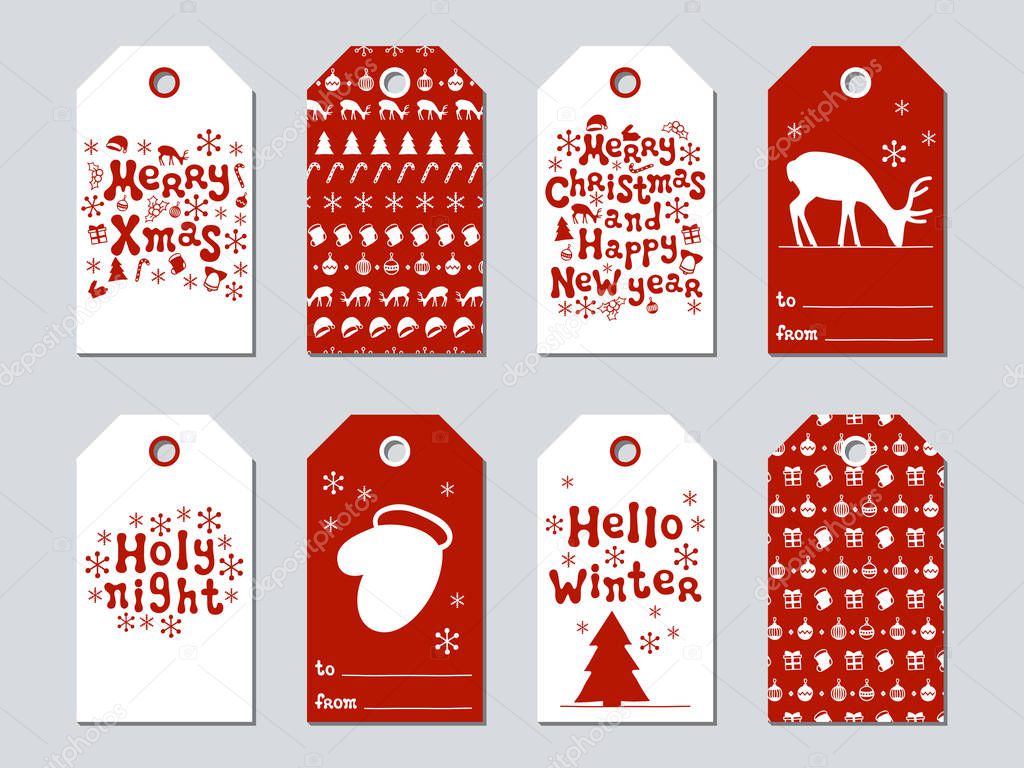 Christmas and New Year gift tags. Cards xmas set. Hand drawn elements. Collection of holiday paper label in red and white. Seasonal badge sale design. Texture. Print. Vector illustration. Lettering.