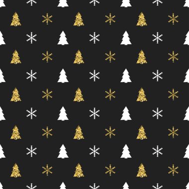 Noel Yılbaşı kar taneleri Noel ağacı ile seamless modeli. Tatil arka plan. Xmas kış dekorasyonu. Altın doku. El vektör çizim çekilmiş. Kar desen. Hediye kağıt ambalaj.