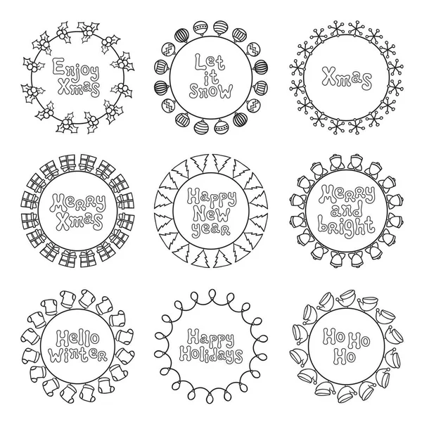 Merry Christmas New Year wishes labels stickers and badges. Hand drawn framework frame. Calligraphy phrase. Handwritten lettering. Xmas phrase set. Holidays. Greeting text. Christmas calligraphy. — Stock Vector