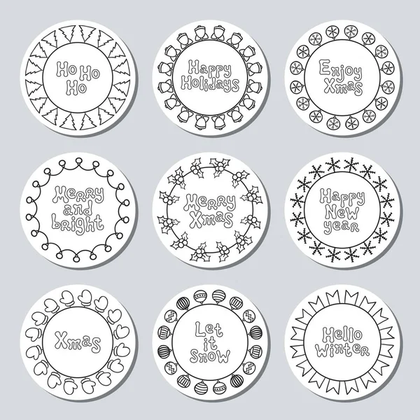 Noël Nouvel An autocollants cadeau rond. Etiquettes et badges ensemble de Noël. Elément décoratif dessiné à la main. Stickers Noël vacances. Texture. Illustration vectorielle. Lettres, calligraphie. phrase de Noël . — Image vectorielle