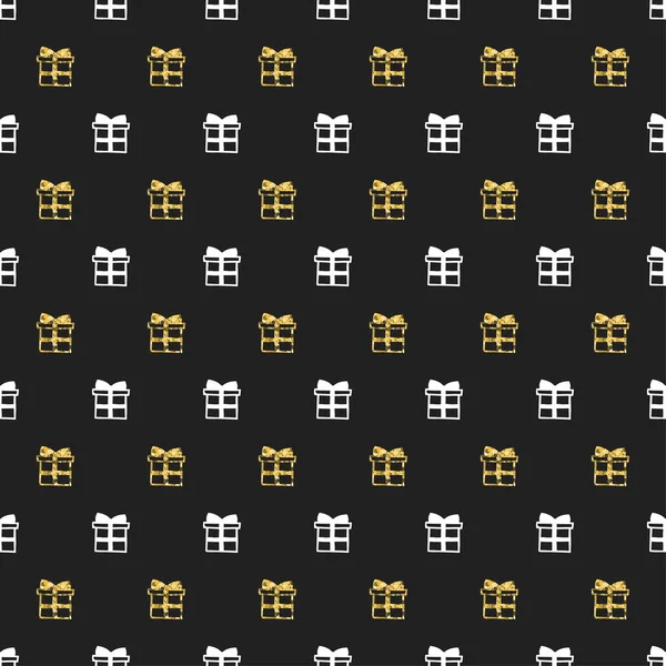 Christmas New Year seamless pattern with gift present. Holiday black background. Gold white gift. Xmas winter doodle decoration. Golden texture. Hand drawn vector illustration. Wrapping gift paper. — Stock Vector