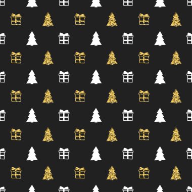 Yılbaşı yeni yıl hediye Noel ağacı ile seamless modeli. Tatil arka plan. Altın beyaz hediye. Xmas kış doodle dekorasyon. Altın doku. El vektör çizim çekilmiş. Hediye kağıt ambalaj.