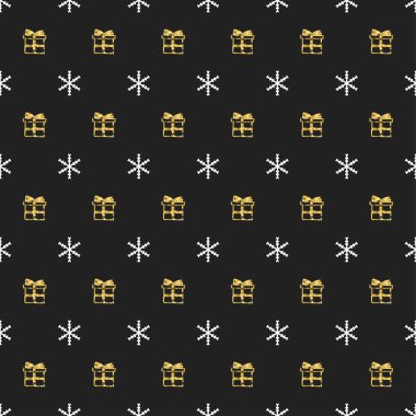 Yılbaşı yeni yıl hediye kar taneleri ile seamless modeli. Holiday siyah arka plan. Altın beyaz hediye. Xmas kış doodle dekorasyon. Altın doku. El vektör çizim çekilmiş. Hediye kağıt ambalaj.