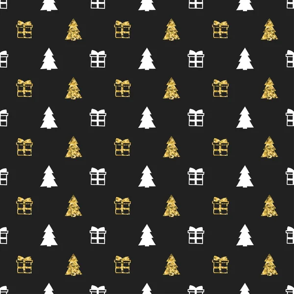 Yılbaşı yeni yıl hediye Noel ağacı ile seamless modeli. Tatil arka plan. Altın beyaz hediye. Xmas kış doodle dekorasyon. Altın doku. El vektör çizim çekilmiş. Hediye kağıt ambalaj.