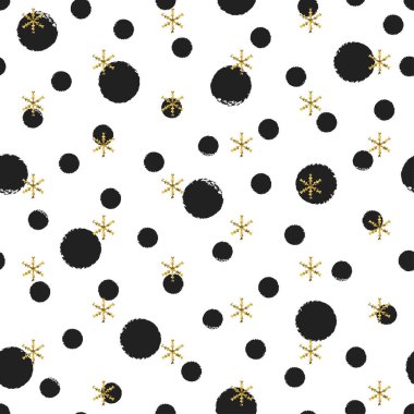Kar taneleri ile parlak altın polka dot yılbaşı yeni yıl seamless modeli. Boya fırça daire siyah ve beyaz arka plan. Altın kar tanesi. Vektör çizim. Hipster hediye kağıt ambalaj trendy.