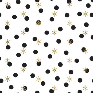 Kar taneleri ile parlak altın polka dot yılbaşı yeni yıl seamless modeli. Boya fırça daire siyah ve beyaz arka plan. Altın kar tanesi. Vektör çizim. Hipster hediye kağıt ambalaj trendy.