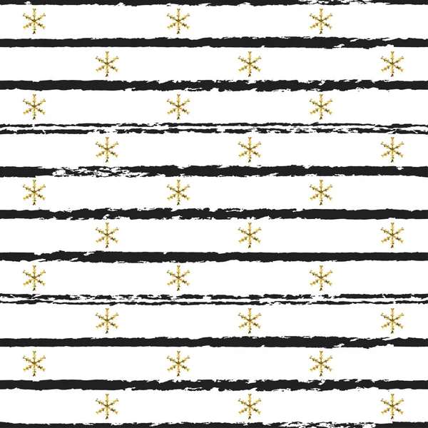 Glitter gold striped Christmas New Year seamless pattern with snowflakes. Paint brush strokes background. Golden snowflakes. Stripes lines. Vector illustration. Hipster trendy wrapping gift paper. — Stock Vector