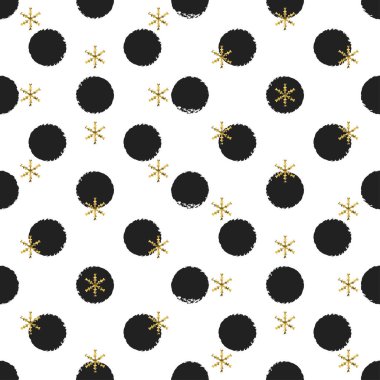 Kar taneleri ile parlak altın polka dot yılbaşı yeni yıl seamless modeli. Boya fırça daire siyah ve beyaz arka plan. Altın kar tanesi. Vektör çizim. Hipster hediye kağıt ambalaj trendy.