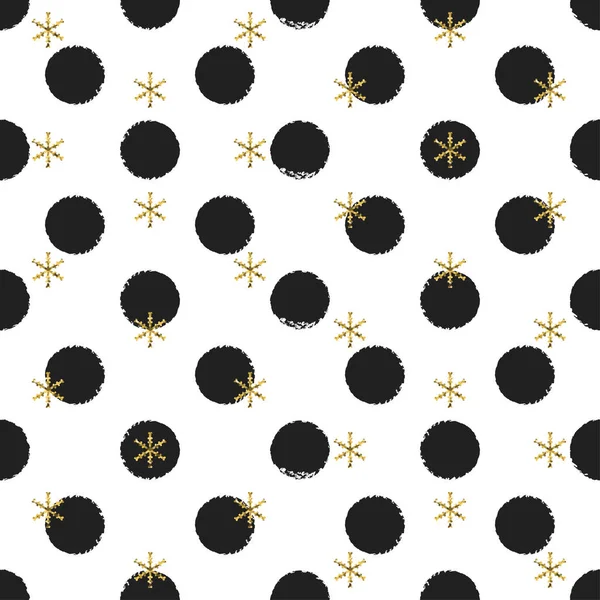 Glitter χρυσό πουά Χριστούγεννα Πρωτοχρονιά χωρίς ραφή πρότυπο με νιφάδες χιονιού. Χρώμα βούρτσα κύκλο μαύρο και άσπρο φόντο. Χρυσά νιφάδες χιονιού. Εικονογράφηση διάνυσμα. Hipster μοντέρνα δώρο χαρτί περιτυλίγματος. — Διανυσματικό Αρχείο