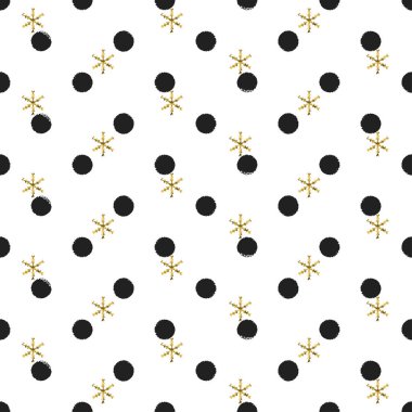 Kar taneleri ile parlak altın polka dot yılbaşı yeni yıl seamless modeli. Boya fırça daire siyah ve beyaz arka plan. Altın kar tanesi. Vektör çizim. Hipster hediye kağıt ambalaj trendy.