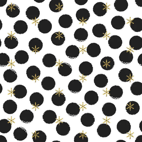 Glitter gold polka dot Christmas New Year seamless pattern with snowflakes. Paint brush circle black and white background. Golden snowflakes. Vector illustration. Hipster trendy wrapping gift paper. — Stock Vector