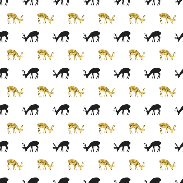 Christmas New Year seamless pattern with deer, reindeer. Holiday black background. Gold white deer. Xmas winter doodle decoration. Golden texture. Hand drawn vector illustration. Wrapping gift paper. — Stock Vector