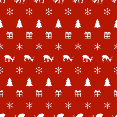 Kar taneleri Noel ağacı geyik ile neşeli Noel Yılbaşı seamless modeli. Tatil trendy arka plan. Xmas kış dekorasyonu. Festival doku. Elle çizilmiş şekil. Hediye kağıt ambalaj.