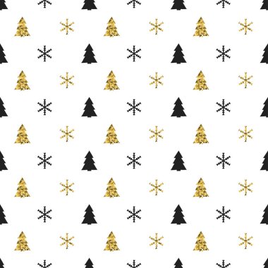 Noel Yılbaşı kar taneleri Noel ağacı ile seamless modeli. Tatil arka plan. Xmas kış dekorasyonu. Altın doku. El vektör çizim çekilmiş. Kar desen. Hediye kağıt ambalaj.