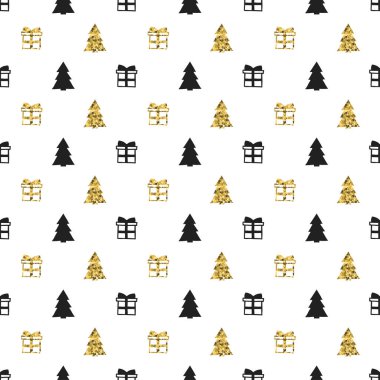 Yılbaşı yeni yıl hediye Noel ağacı ile seamless modeli. Tatil arka plan. Altın beyaz hediye. Xmas kış doodle dekorasyon. Altın doku. El vektör çizim çekilmiş. Hediye kağıt ambalaj.