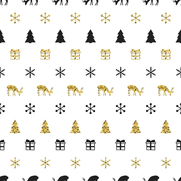 Noël Nouvel An motif sans couture avec des flocons de neige cerf de Noël arbre. Fond de vacances. Des flocons d'or. Décoration d'hiver de Noël. Texture dorée. Illustration dessinée à la main. Emballage papier cadeau . — Image vectorielle