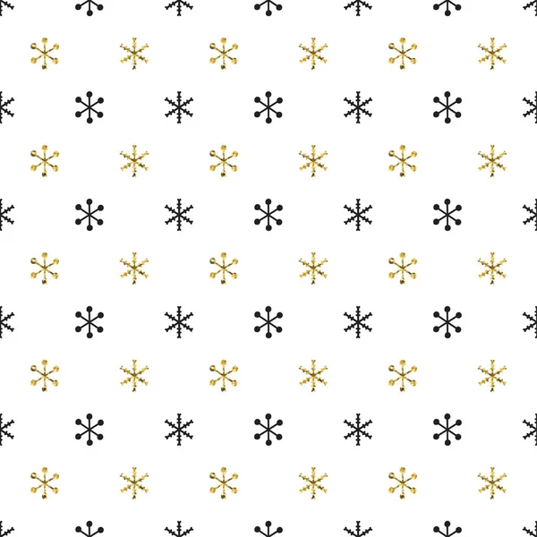 Noel Yılbaşı kar taneleri ile seamless modeli. Tatil arka plan. Altın kar tanesi. Xmas kış dekorasyonu. Altın doku. El vektör çizim çekilmiş. Kar desen. Hediye kağıt ambalaj. — Stok Vektör