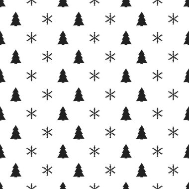 Noel Yılbaşı kar taneleri Noel ağacı ile seamless modeli. Tatil arka plan. Xmas kış dekorasyonu. Festival doku. El vektör çizim çekilmiş. Kar desen. Hediye kağıt ambalaj.