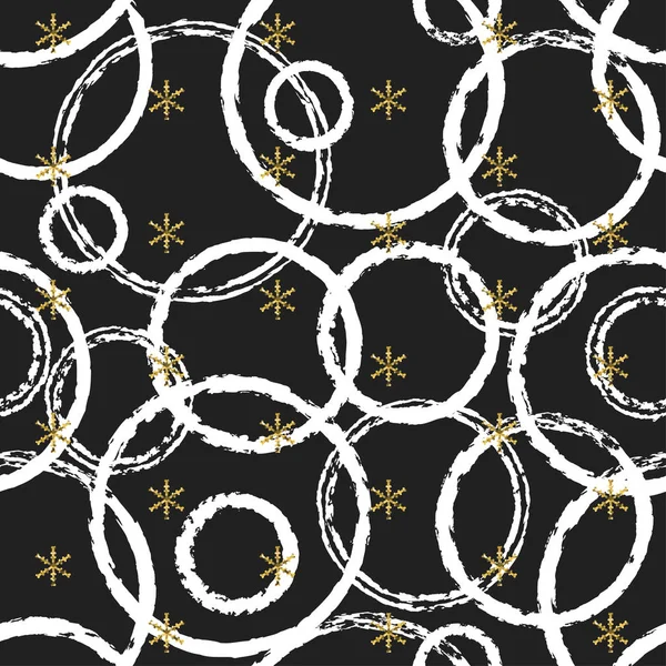 Glitter gold chaotic ring Christmas New Year seamless pattern with snowflakes. Paint brush circle black white background. Golden snowflakes. Vector illustration. Hipster trendy wrapping gift paper. — Stock Vector