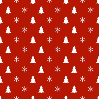 Noel Yılbaşı kar taneleri Noel ağacı ile seamless modeli. Tatil arka plan. Xmas kış dekorasyonu. Festival doku. El vektör çizim çekilmiş. Kar desen. Hediye kağıt ambalaj.