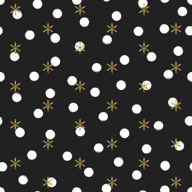 Kar taneleri ile parlak altın polka dot yılbaşı yeni yıl seamless modeli. Boya fırça daire siyah ve beyaz arka plan. Altın kar tanesi. Vektör çizim. Hipster hediye kağıt ambalaj trendy.