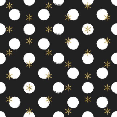 Kar taneleri ile parlak altın polka dot yılbaşı yeni yıl seamless modeli. Boya fırça daire siyah ve beyaz arka plan. Altın kar tanesi. Vektör çizim. Hipster hediye kağıt ambalaj trendy.