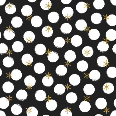 Kar taneleri ile parlak altın polka dot yılbaşı yeni yıl seamless modeli. Boya fırça daire siyah ve beyaz arka plan. Altın kar tanesi. Vektör çizim. Hipster hediye kağıt ambalaj trendy.
