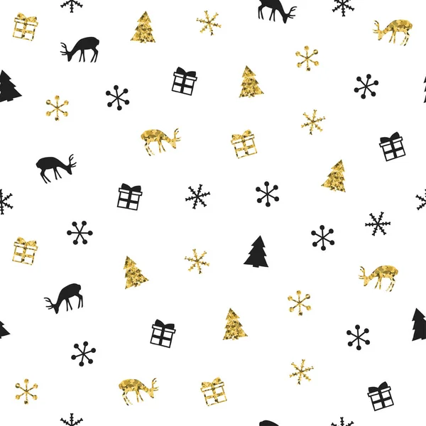 Jul nyår sömlösa mönster med snöflingor julgran rådjur. Holiday bakgrund. Guld snöflingor. Xmas vinter dekoration. Gyllene konsistens. Handritad illustration. Gåva omslagspapper. — Stock vektor