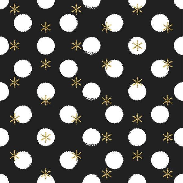 Glitter gold polka dot Christmas New Year seamless pattern with snowflakes. Paint brush circle black and white background. Golden snowflakes. Vector illustration. Hipster trendy wrapping gift paper. — Stock Vector