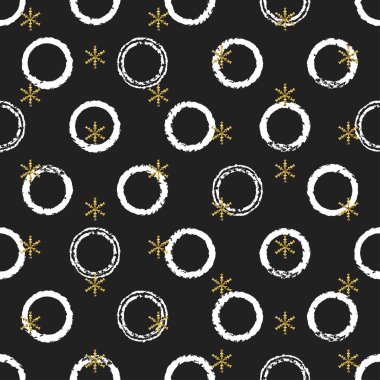 Glitter altın kaotik yılbaşı yeni yıl kesintisiz zil kar taneleri ile. Boya fırça daire siyah beyaz zemin. Altın kar tanesi. Vektör çizim. Hipster hediye kağıt ambalaj trendy.