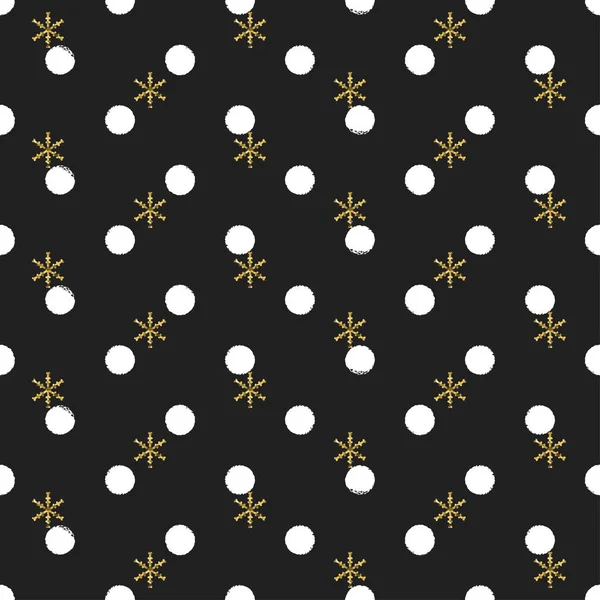 Glitter gold polka dot Christmas New Year seamless pattern with snowflakes. Paint brush circle black and white background. Golden snowflakes. Vector illustration. Hipster trendy wrapping gift paper. — Stock Vector