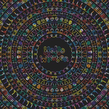 Kış kart Merhaba. 2018 Noel kartpostal tebrik. Elle çizilmiş çizgili kenarlığı ve çerçeve. Hat ifade. El yazısı sezon yazı. Kış tatili. Trendy doodle tarzı. Yeni yıl fırçalar tasarım.