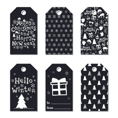 Yılbaşı yeni yıl hediye Etiketler. Kartları xmas gümüş ayarlayın. Elle çizilmiş öğe. Tatil kağıt etiket siyah beyaz koleksiyonu. Mevsimlik rozet Satılık tasarım. Glitter doku. Yazdırın. Vektör çizim.