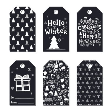 Yılbaşı yeni yıl hediye Etiketler. Kartları xmas gümüş ayarlayın. Elle çizilmiş öğe. Tatil kağıt etiket siyah beyaz koleksiyonu. Mevsimlik rozet Satılık tasarım. Glitter doku. Yazdırın. Vektör çizim.