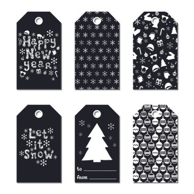 Yılbaşı yeni yıl hediye Etiketler. Kartları xmas gümüş ayarlayın. Elle çizilmiş öğe. Tatil kağıt etiket siyah beyaz koleksiyonu. Mevsimlik rozet Satılık tasarım. Glitter doku. Yazdırın. Vektör çizim.