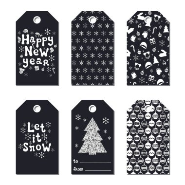 Yılbaşı yeni yıl hediye Etiketler. Kartları xmas gümüş ayarlayın. Elle çizilmiş öğe. Tatil kağıt etiket siyah beyaz koleksiyonu. Mevsimlik rozet Satılık tasarım. Glitter doku. Yazdırın. Vektör çizim.
