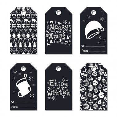 Yılbaşı yeni yıl hediye Etiketler. Kartları xmas gümüş ayarlayın. Elle çizilmiş öğe. Tatil kağıt etiket siyah beyaz koleksiyonu. Mevsimlik rozet Satılık tasarım. Glitter doku. Yazdırın. Vektör çizim.