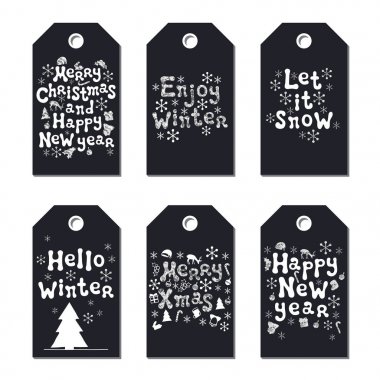 Yılbaşı yeni yıl hediye Etiketler. Kartları xmas gümüş ayarlayın. Elle çizilmiş öğe. Tatil kağıt etiket siyah beyaz koleksiyonu. Mevsimlik rozet Satılık tasarım. Glitter doku. Yazdırın. Vektör çizim.