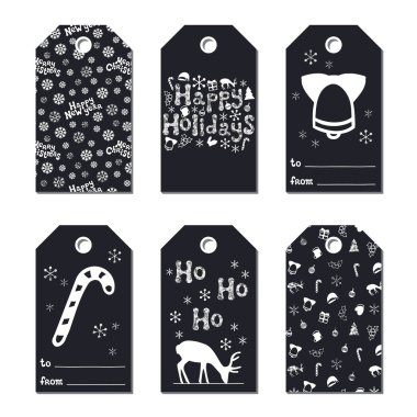 Yılbaşı yeni yıl hediye Etiketler. Kartları xmas gümüş ayarlayın. Elle çizilmiş öğe. Tatil kağıt etiket siyah beyaz koleksiyonu. Mevsimlik rozet Satılık tasarım. Glitter doku. Yazdırın. Vektör çizim.