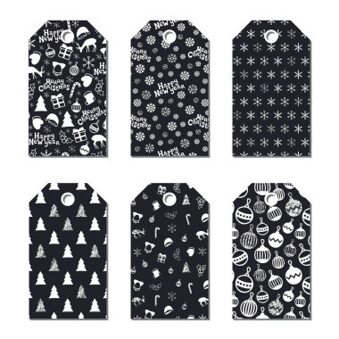 Yılbaşı yeni yıl hediye Etiketler. Kartları xmas gümüş ayarlayın. Elle çizilmiş öğe. Tatil kağıt etiket siyah beyaz koleksiyonu. Mevsimlik rozet Satılık tasarım. Glitter doku. Yazdırın. Vektör çizim.